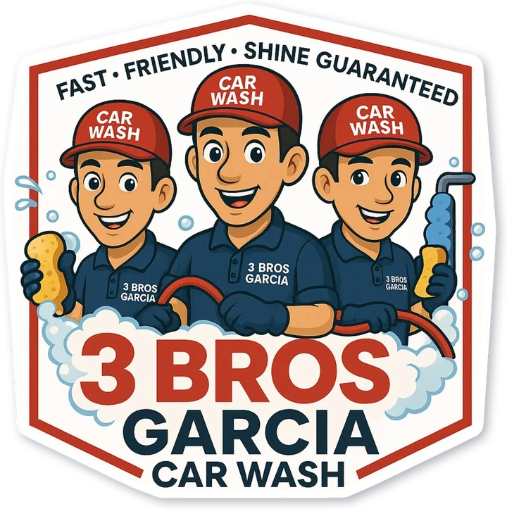 3 Bros Garcia Car Wash logo: three brothers in red caps with sponges and a hose
